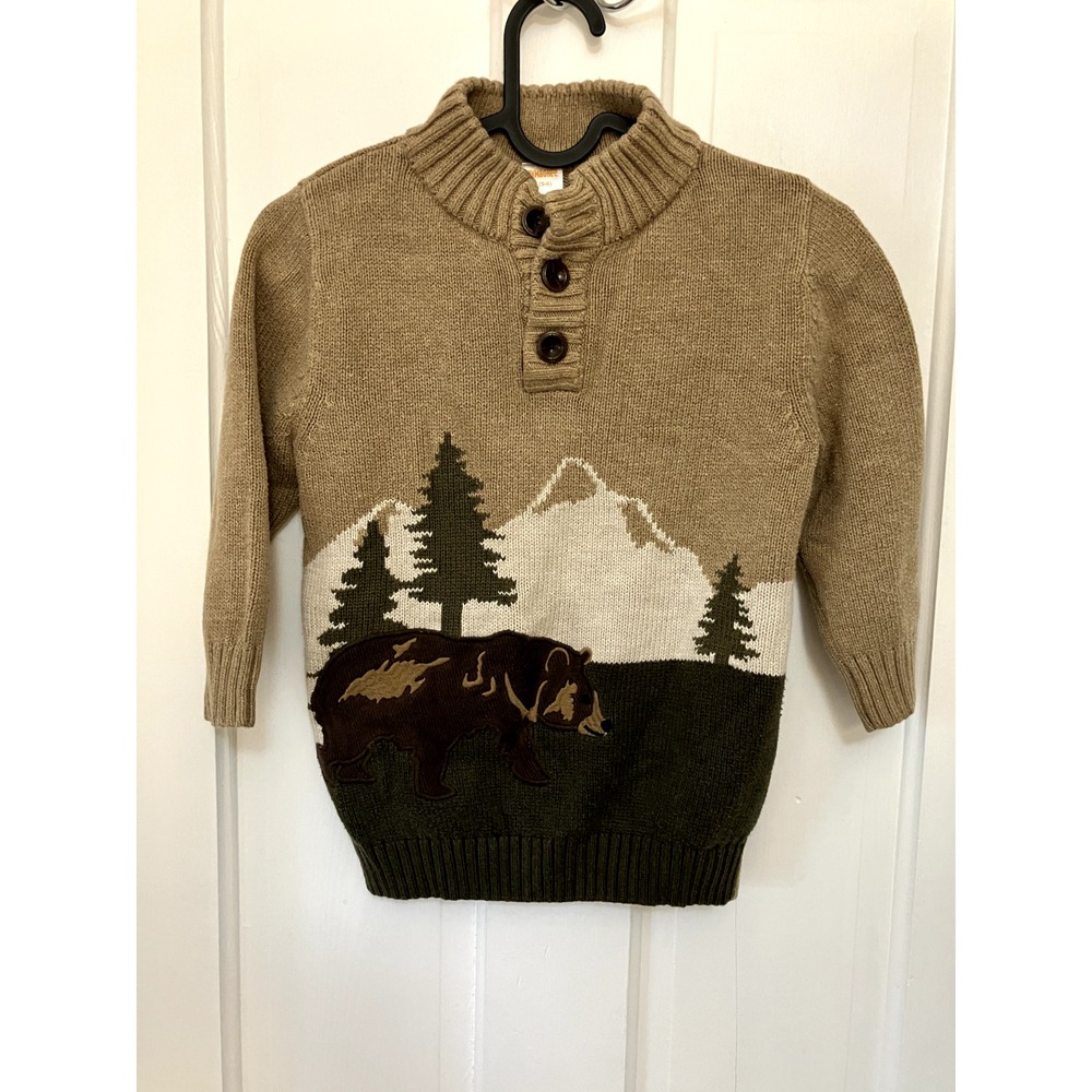 Gymboree Boys' Cotton Beige Bear Mock Neck Sweater, Small( 5/6) Button Soft